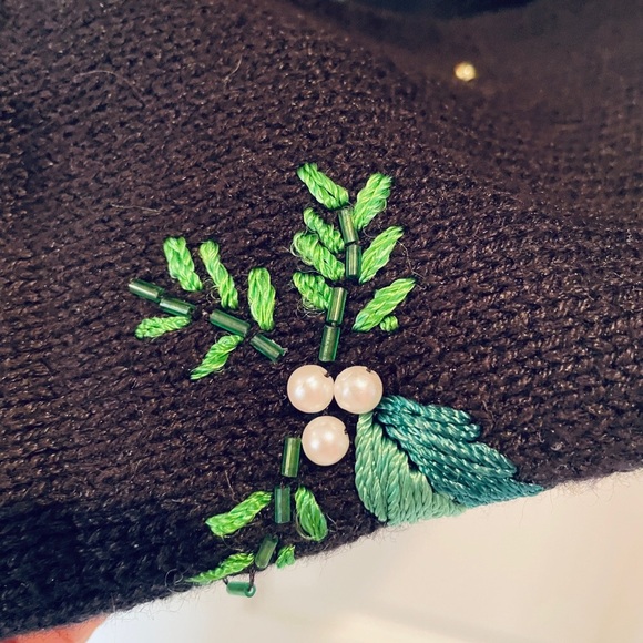 Holiday Sweater Cardigan Beautifully Embroidered w/Faux Pearls & Gold Beads - Picture 3 of 6